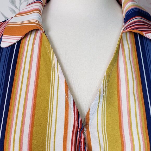 CUTE Yellow Striped Surplice Top Peplum Blouse womens M V Neck medium - Picture 4 of 9